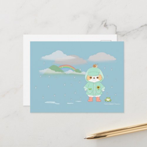 Rainey Day Mochi with a Teal Raincoat Froggy buddy Postcard