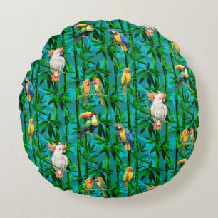 Rainforest Dreams Tropical Bamboo Birds Round Pillow