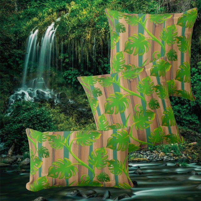 Rainforest Dreams Tropical Philodendron Bamboo Throw Pillow (Tropical dreaming)