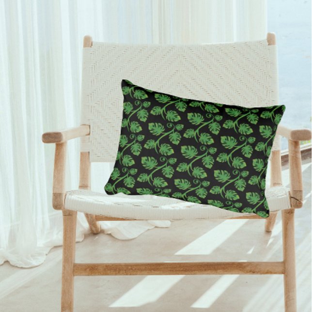 Rainforest Dreams Tropical Philodendron Vine Accent Pillow (Green vines on black makes a statement!)