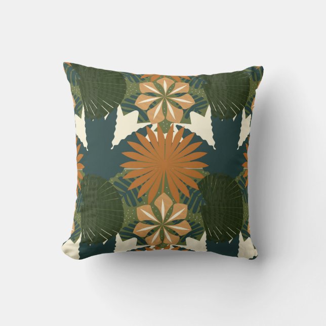 Rainforest Orange Green Tropical Botanic Throw Pillow (Front)