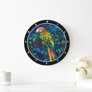 Rainforest Radiance" - Stained Glass Parrot Wall  Large Clock