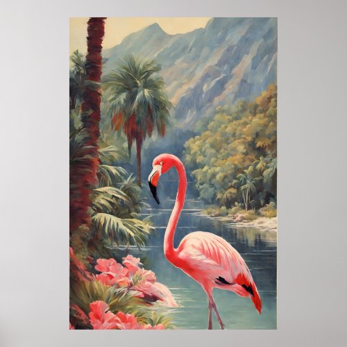 Rainforest Wildlife Pink Flamingo Vintage Poster
