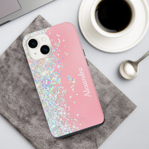 Raingow Glitter Confetti Star Pink iPhone 14 Case