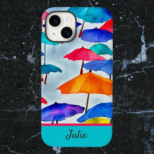 Raining Cheerful Watercolor Umbrellas with Name Case_Mate iPhone 14 Case