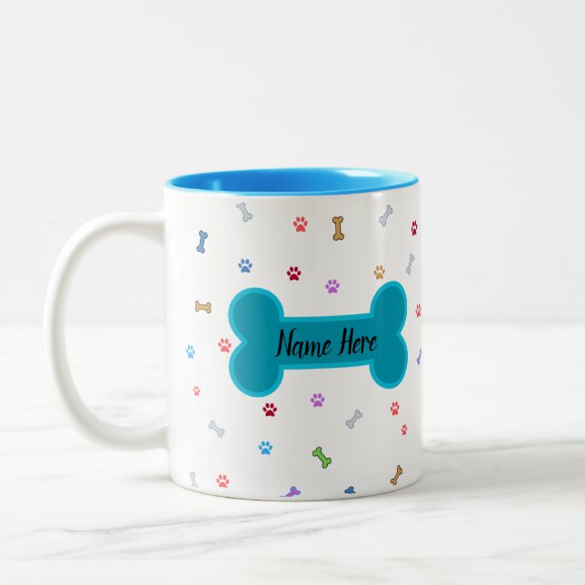 Raining Dog Paws & Bones - Customizable Name Two-Tone Coffee Mug (Left)