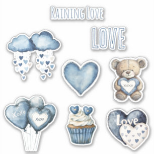 Raining Love Blue Clouds Hearts Balloons Cupcake Sticker