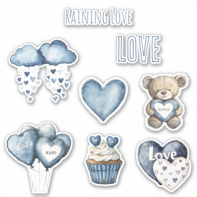 Raining Love Blue Clouds Hearts Balloons Cupcake   Sticker (Front)