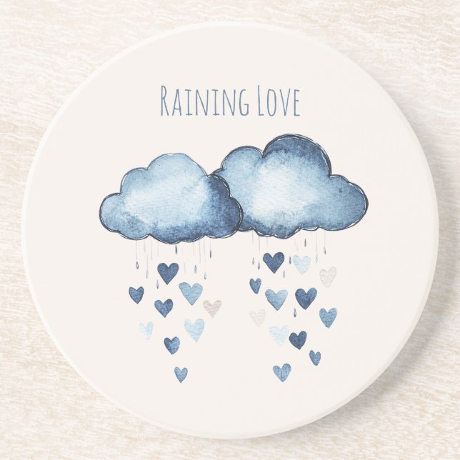 Raining Love Blue Clouds Hearts Coaster (Front)
