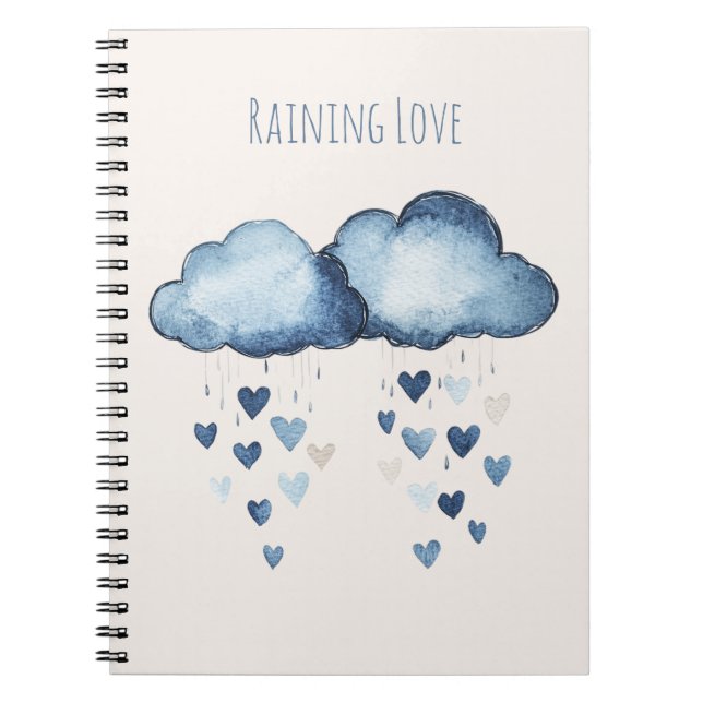 Raining Love Blue Clouds Hearts Notebook (Front)