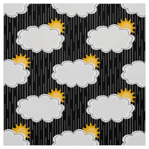 Raining Sunshine Clouds Pattern Design Black  Fabric