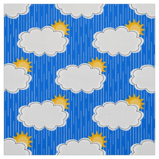 Raining Sunshine Clouds Pattern Design Blue Fabric