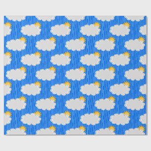 Raining Sunshine Clouds Pattern Design Blue Wrapping Paper