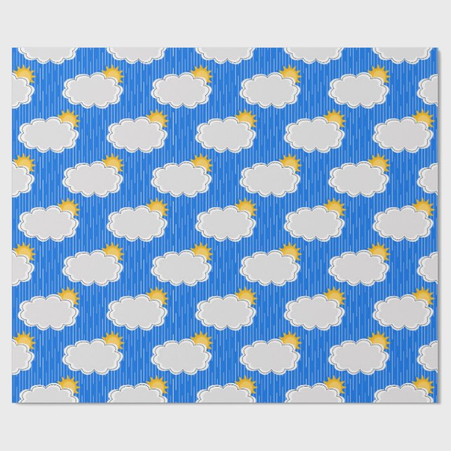 Raining Sunshine Clouds Pattern Design Blue Wrapping Paper (Flat)