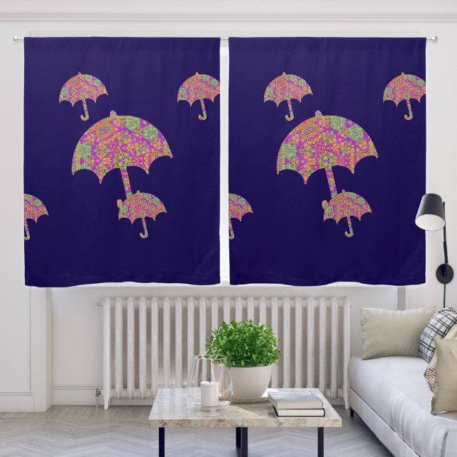 Raining Umbrellas Dk Blue  Blackout Curtains (Living Room)