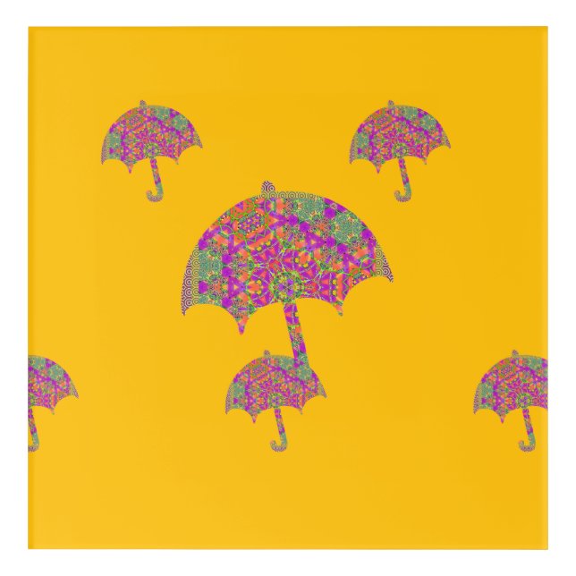 Raining Umbrellas Yellow Acrylic Print (Front)