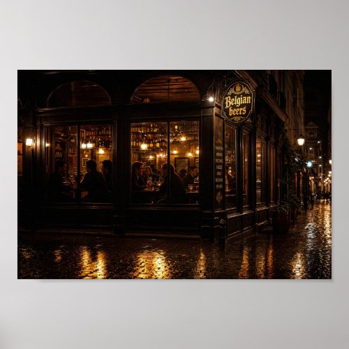 Rainlit Belgian Alehouse Evening Poster