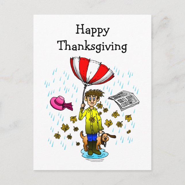 Rainy and Windy Happy Thanksgiving Postcard (Front)