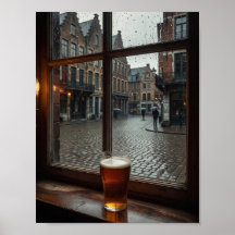 Rainy Belgian Tavern Window Mood Poster