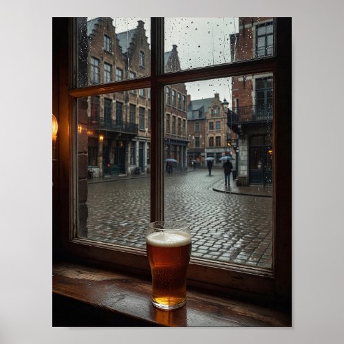 Rainy Belgian Tavern Window Mood Poster