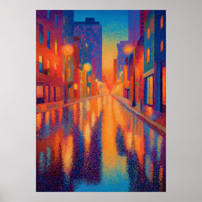 Rainy City Street Pointillism Lights Poster (Front)