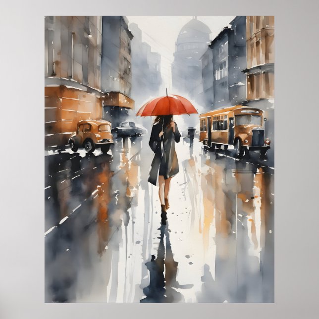Rainy city watercolor art poster (Front)