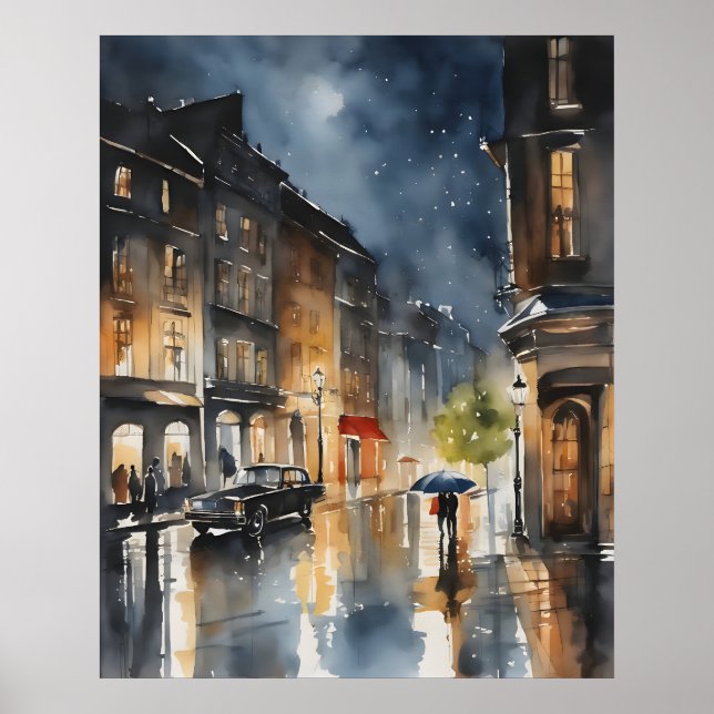 Rainy city watercolor art poster (Front)