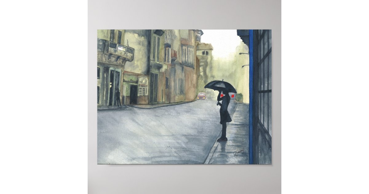 Rainy City Woman Watercolor Poster Zazzle Com