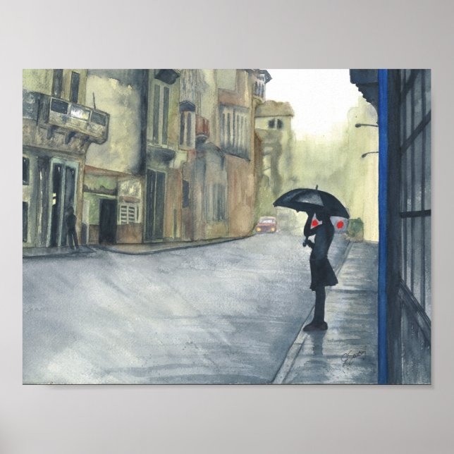 Rainy City Woman Watercolor Poster (Front)