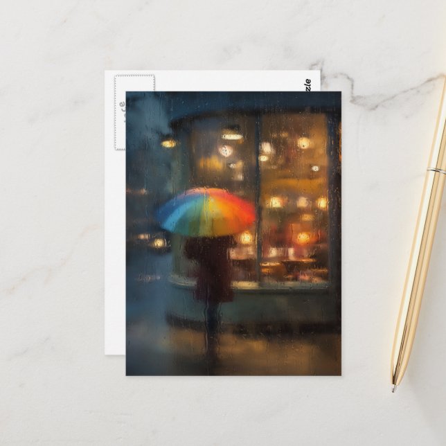 Rainy Day Abstract Woman With Rainbow Umbrella Postcard (Front/Back In Situ)