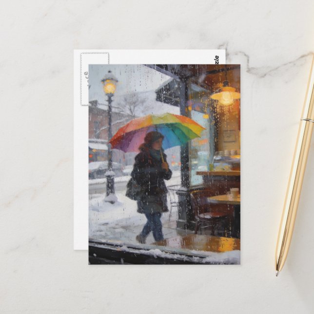 Rainy Day Abstract Woman With Umbrella Window Postcard (Front/Back In Situ)