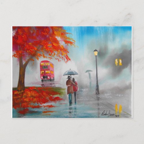 Rainy day autumn red bus umbrella painting postcard