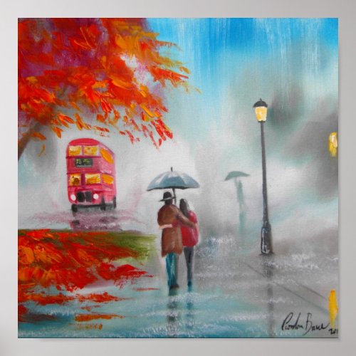 Rainy day autumn red bus umbrella painting poster