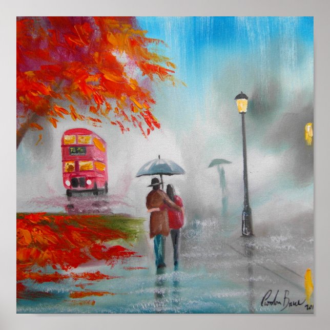 Rainy day autumn red bus umbrella painting poster (Front)