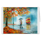 Rainy day autumn red tram umbrella romantic couple
