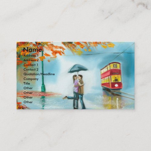 Rainy day autumn red tram umbrella romantic couple business card