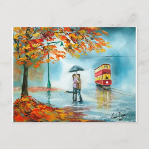 Rainy day autumn red tram umbrella romantic couple postcard