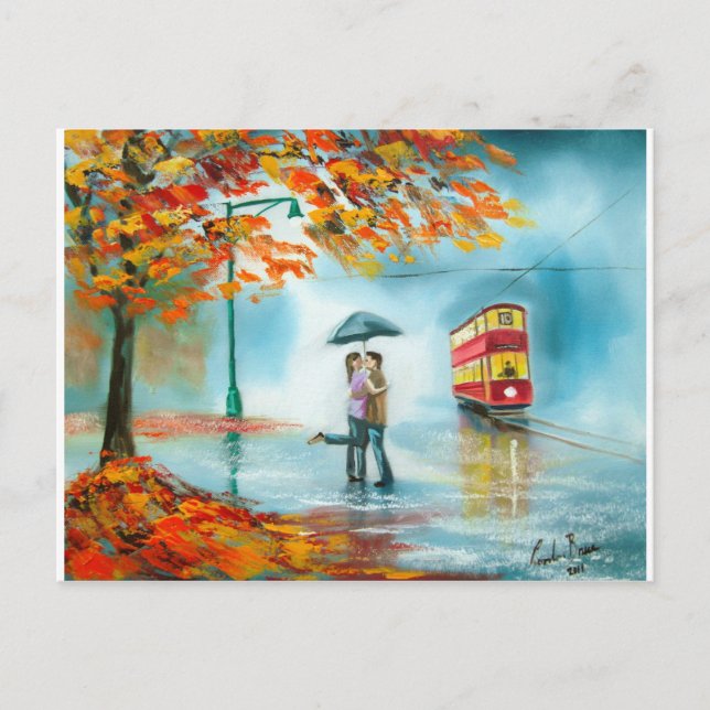 Rainy day autumn red tram umbrella romantic couple postcard (Front)