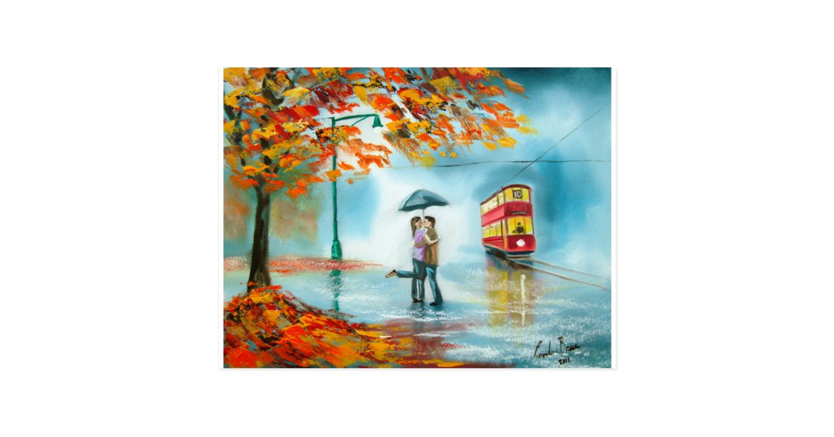 Rainy Day Autumn Red Tram Umbrella Romantic Couple Postcard