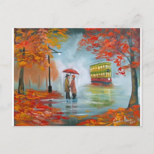 Rainy day autumn red umbrella tram painting postcard