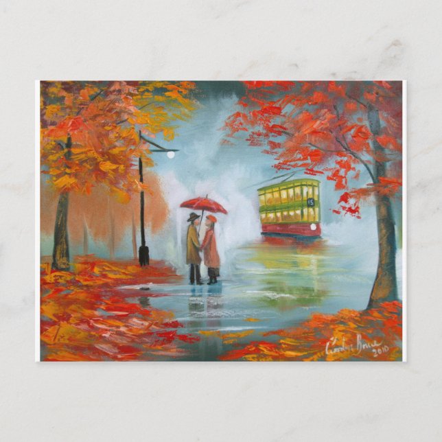 Rainy day autumn red umbrella tram painting postcard (Front)