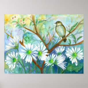 Rainy Day Bird Daisy Flower Garden Watercolor Poster