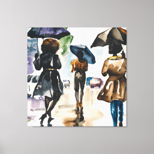 RAINY DAY BLACK MEN AND WOMEN UNDER UMBRALLAS  CANVAS PRINT