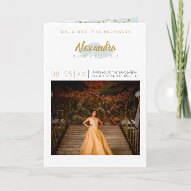 Rainy Day Blue and Gold Photo Quinceanera Invitation (Front)