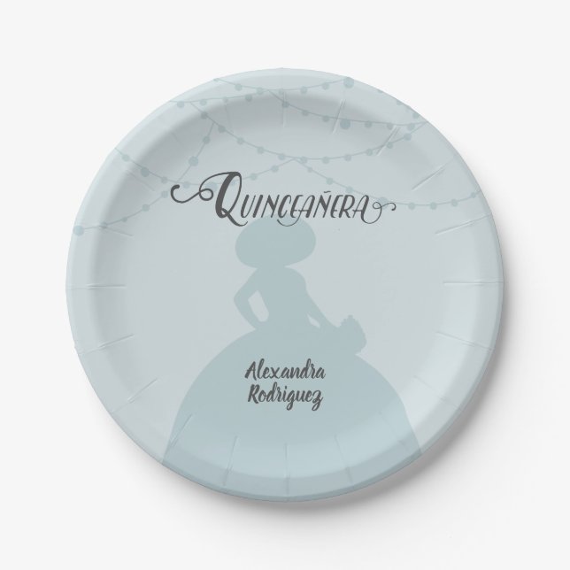 Rainy Day Blue Charro Silhouette Quinceanera Paper Plates (Front)