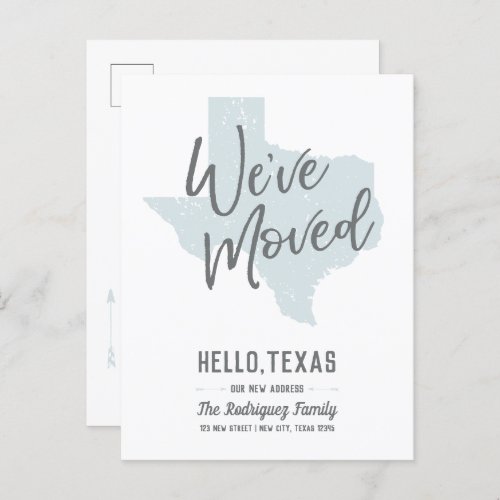 Rainy Day Blue Weve Moved _ Texas Announcement Postcard