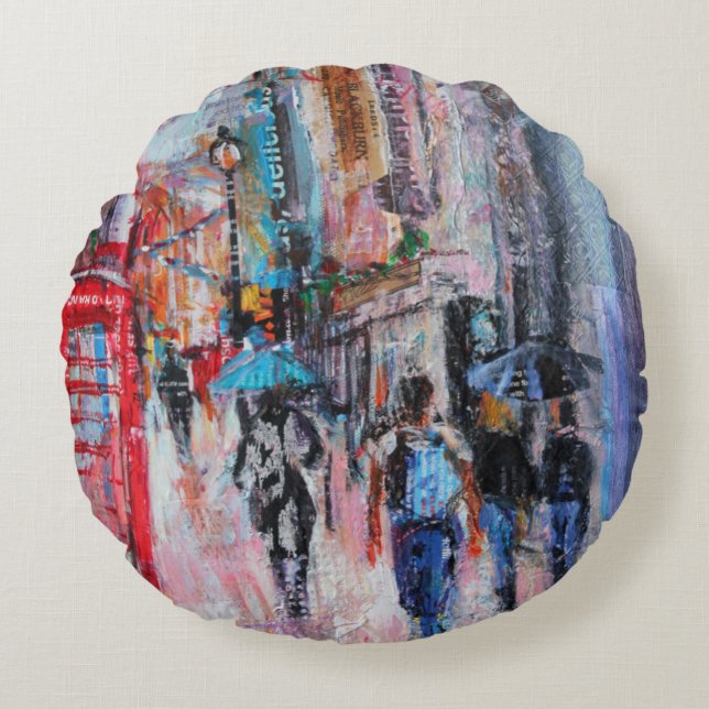 Rainy Day Carnaby Street Round Pillow (Front)