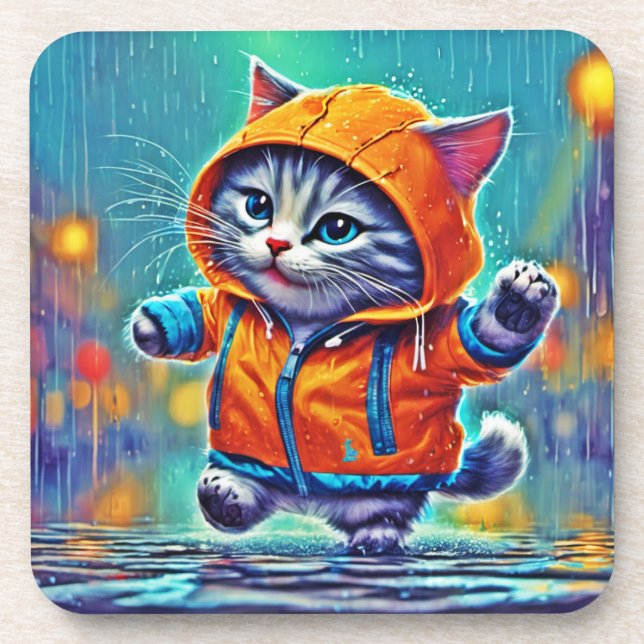 Rainy Day Cat Dance Beverage Coaster (Front)