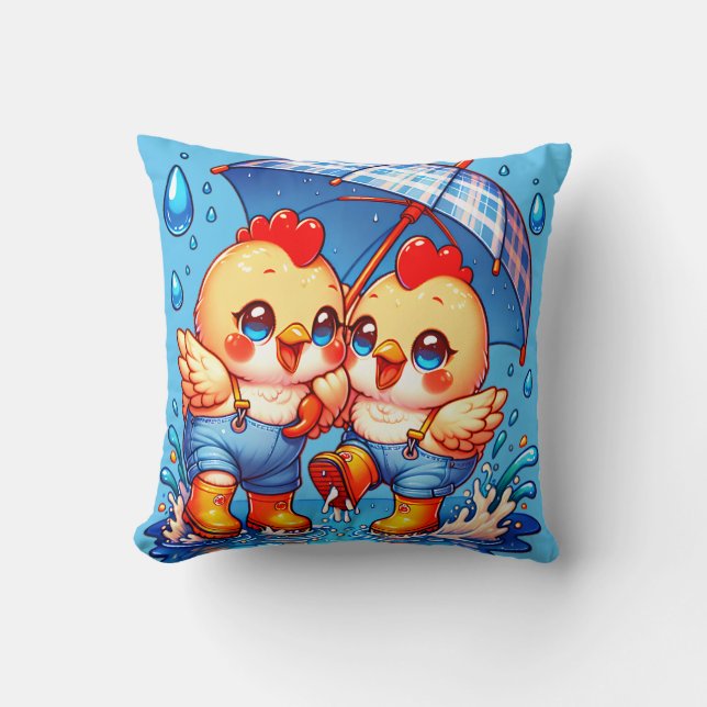 "Rainy Day Chickens" Throw Pillow (Front)