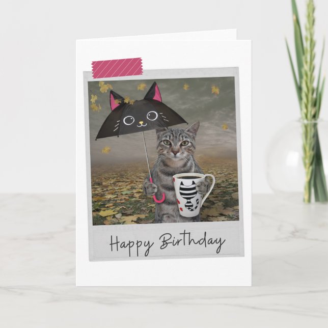 Rainy Day Coffee Tabby Cat Funny Birthday Card (Front)